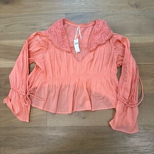 ANTHROPOLOGIE MAEVE SHORT SLEEVE SHEER BABY DOLL BLOUSE TOP PINK M